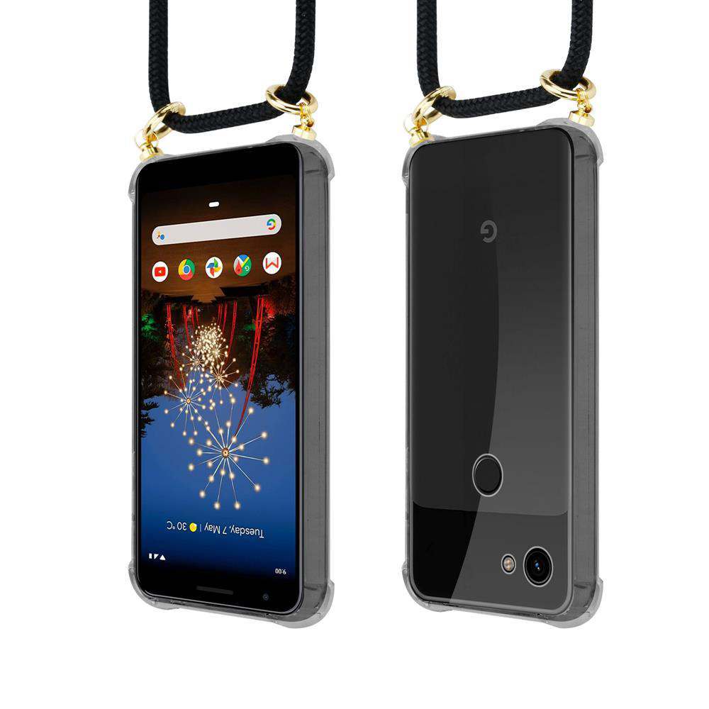 Zwei Telefone mit Hüllen, die an einem Lanyard befestigt sind. Eines zeigt farbigen Bildschirm, anderes die Rückseite.
