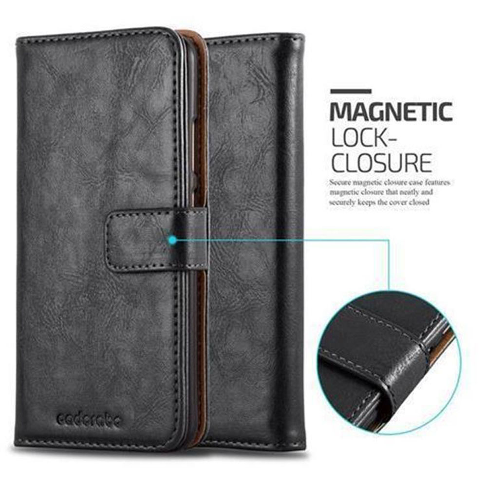 Schwarze Leder-Handyhülle, Magnetverschluss, mit einem kleineren Bild des Verschlusses.