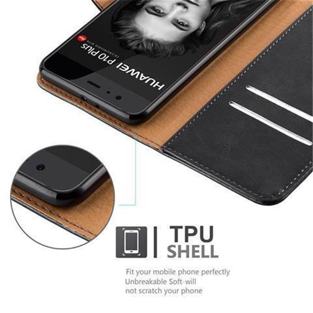 Schwarze Handyhülle mit Telefon. Das Telefon zeigt den Bildschirm. Die Hülle hat eine TPU-Schale.