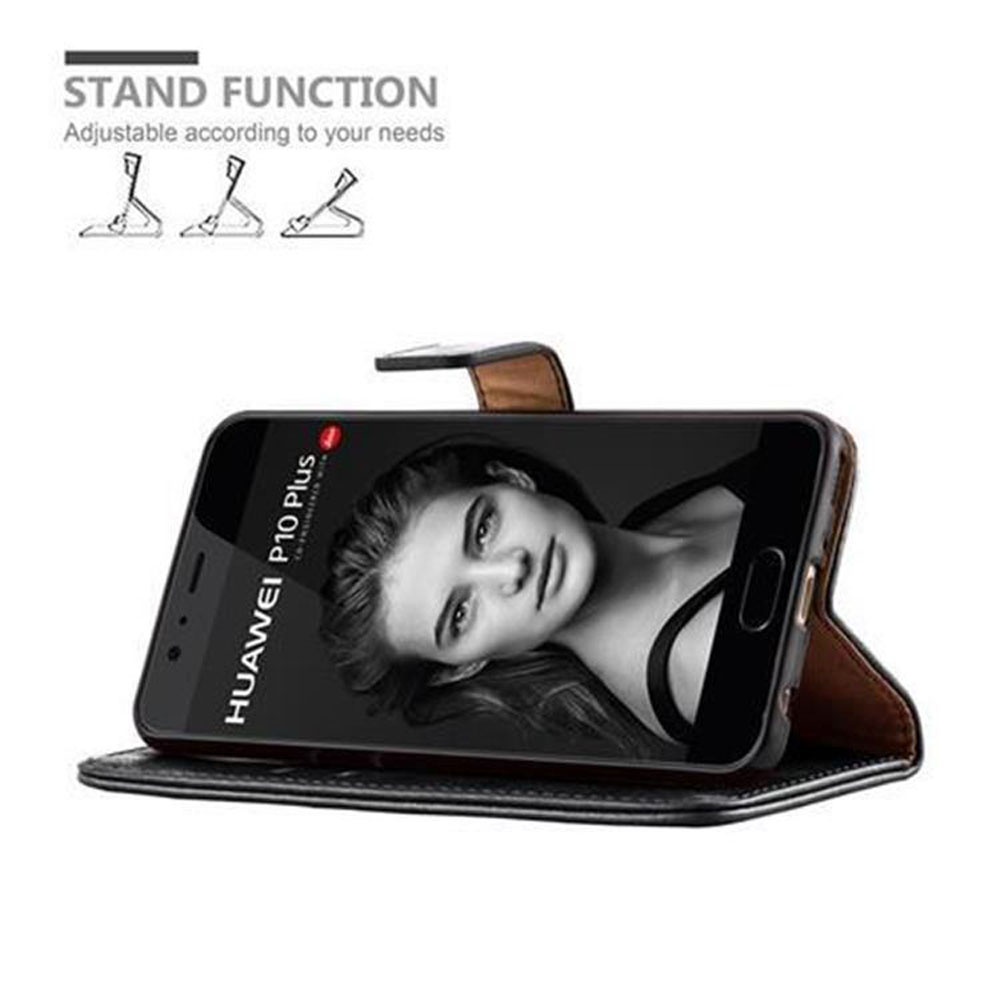 Schwarzes Telefon in einer braunen, faltbaren Hülle. Text: Standfunktion, anpassbar. Frau auf dem Bildschirm.