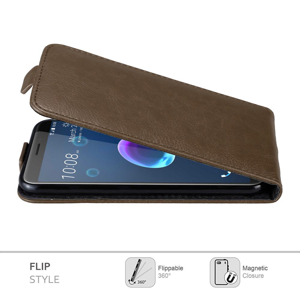 Custodia marrone aperta con telefono dentro. Il telefono mostra ora e data. Stile flip mostrato.