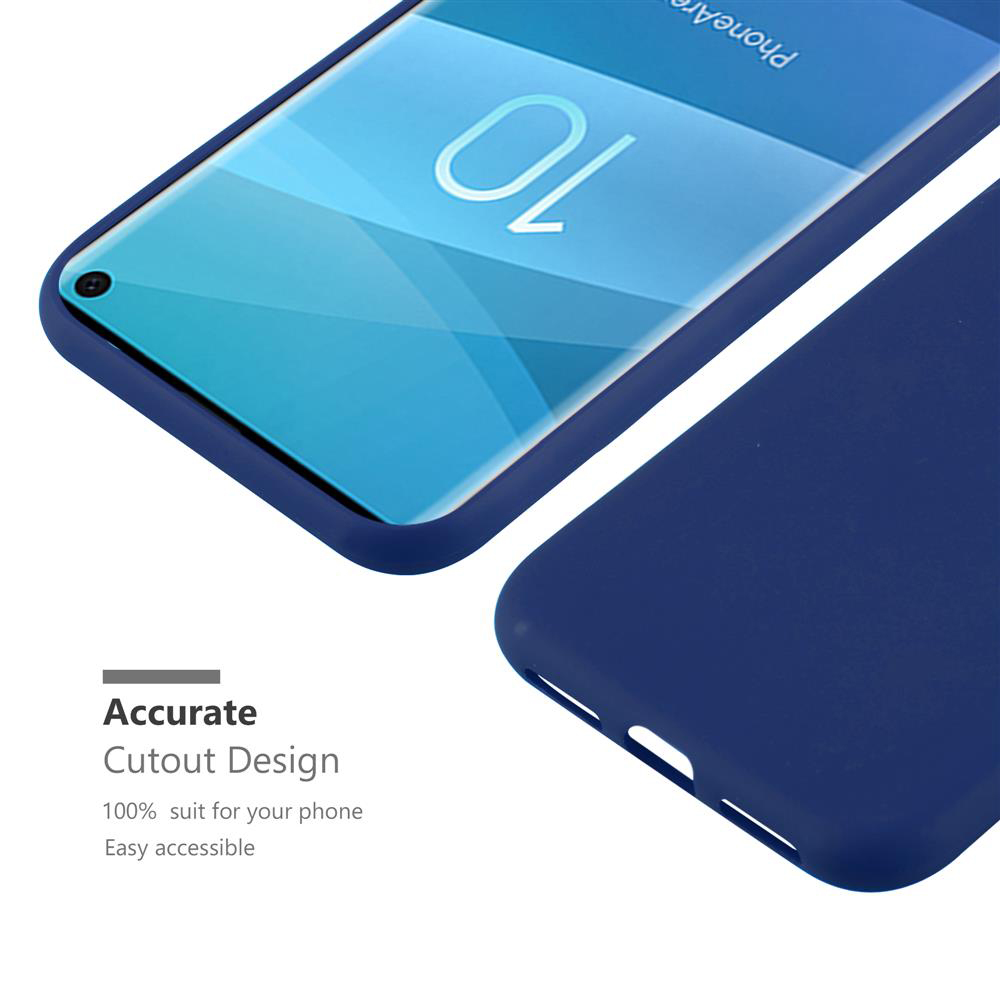 Custodia blu per telefono, ritagli e schermo visibili. Testo sul design.
