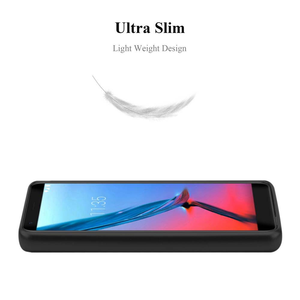 Un telefono nero in una custodia nera. Testo: Ultra sottile, design leggero. Una piuma galleggia sopra.