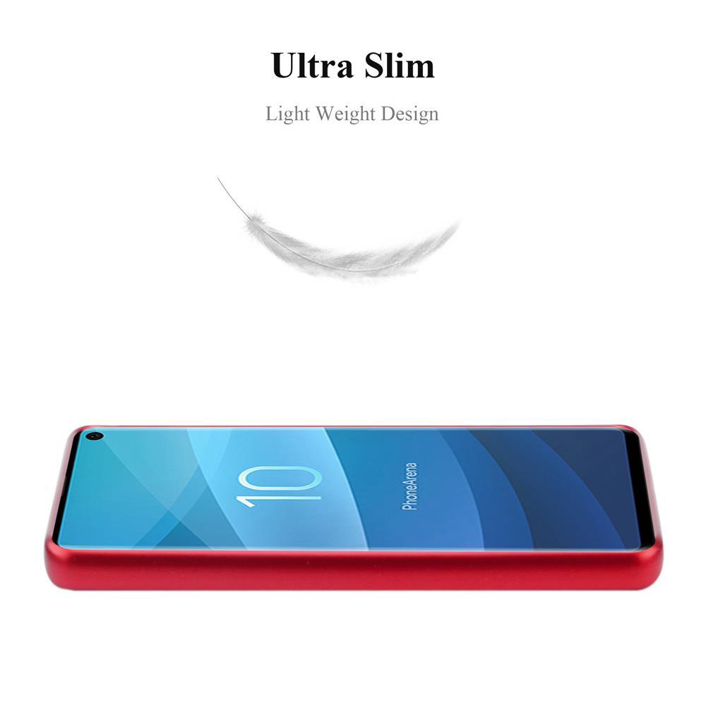 Rote Handyhülle, eine Feder darüber, auf weißem Hintergrund. Ultra schlankes Design.
