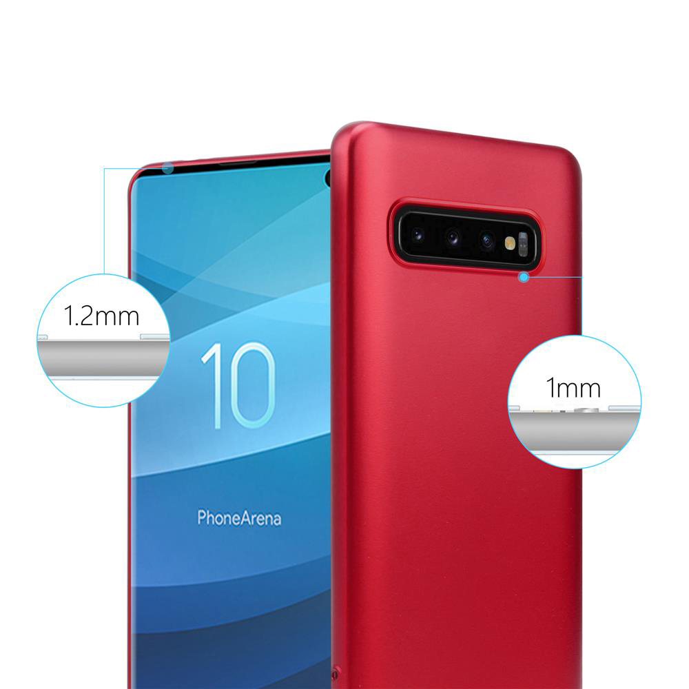 Rote Handyhülle. Die Hülle zeigt die Dicke von 1,2 mm und 1 mm. PhoneArena-Text auf dem Bildschirm.
