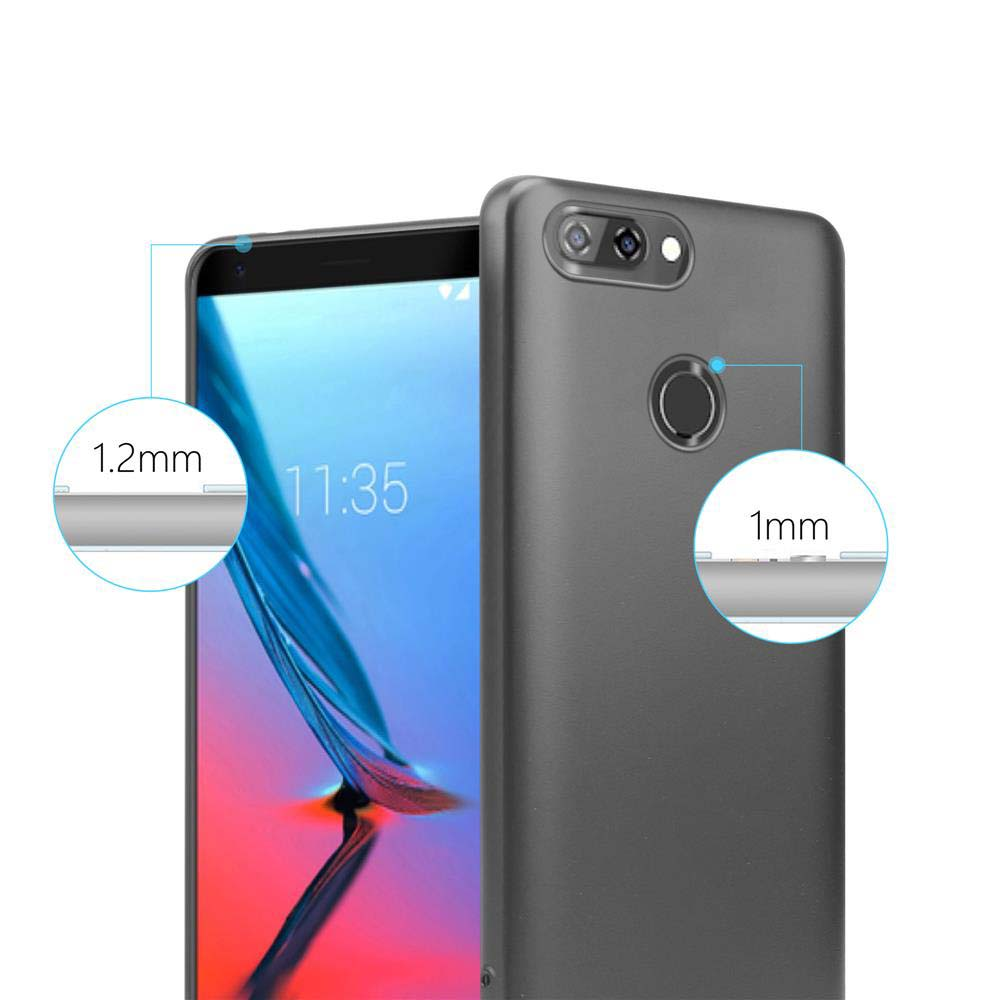 Una custodia per telefono mostrata con un telefono al suo interno. Viene evidenziato lo spessore dello schermo e della fotocamera.