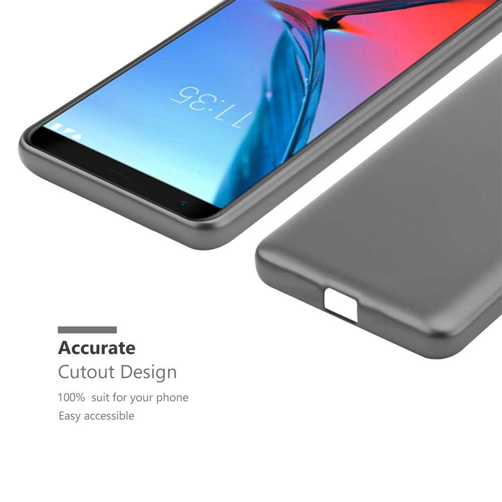 Una custodia grigia per telefono, con un design preciso, angolata. La parte superiore del telefono è visibile, mostrando l'ora 17:35.