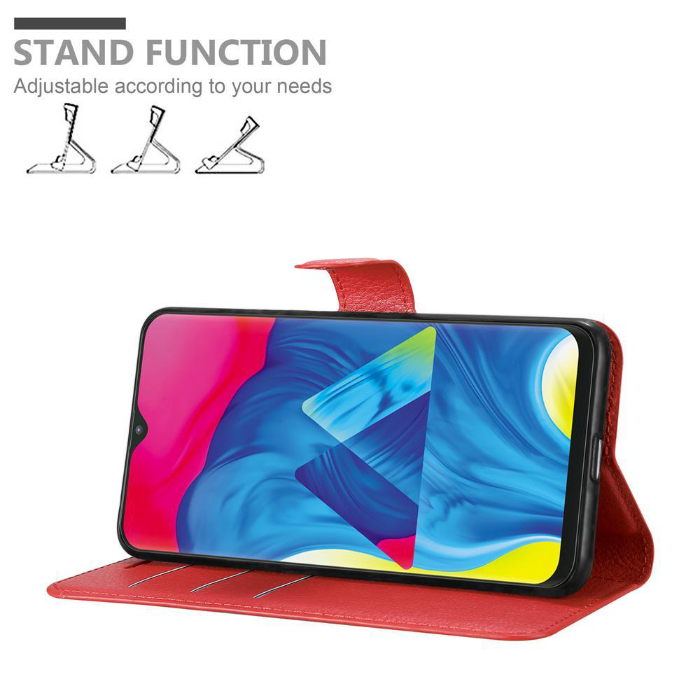 Rote Handyhülle mit einem Telefon, das einen farbenfrohen Bildschirm zeigt. Text: STAND FUNCTION, Anpassbar...