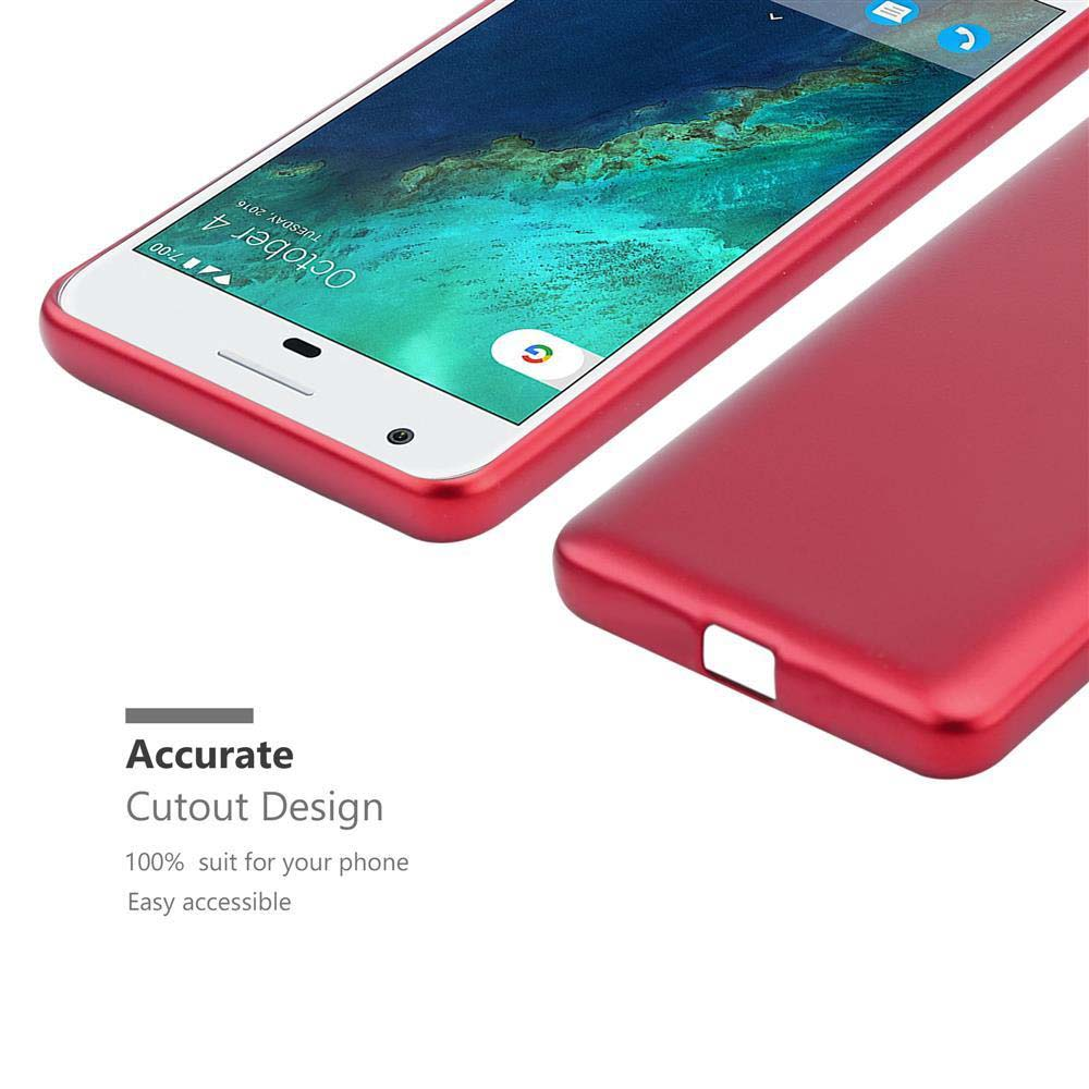 Telefono rosso, bordi bianchi, mostra lo schermo. Testo: Design ritaglio accurato.