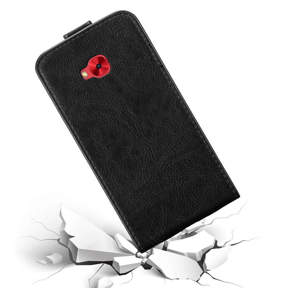 Schwarze Handyhülle mit Telefon darin. Die Hülle hat einen roten Kameraumriss. Rissiger Boden davor.