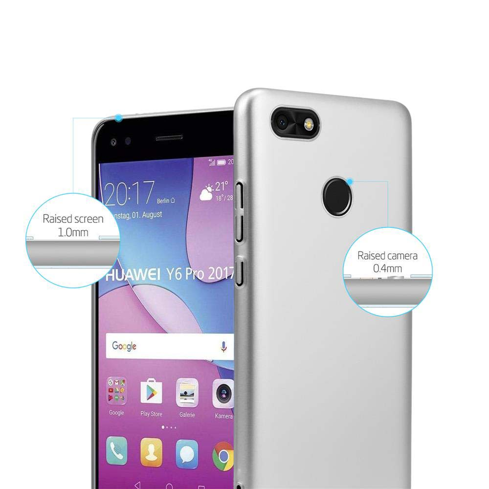 Silbernes Telefon und Hülle, mit Text, der erhöhte Bildschirm- und Kamerafunktionen hervorhebt.