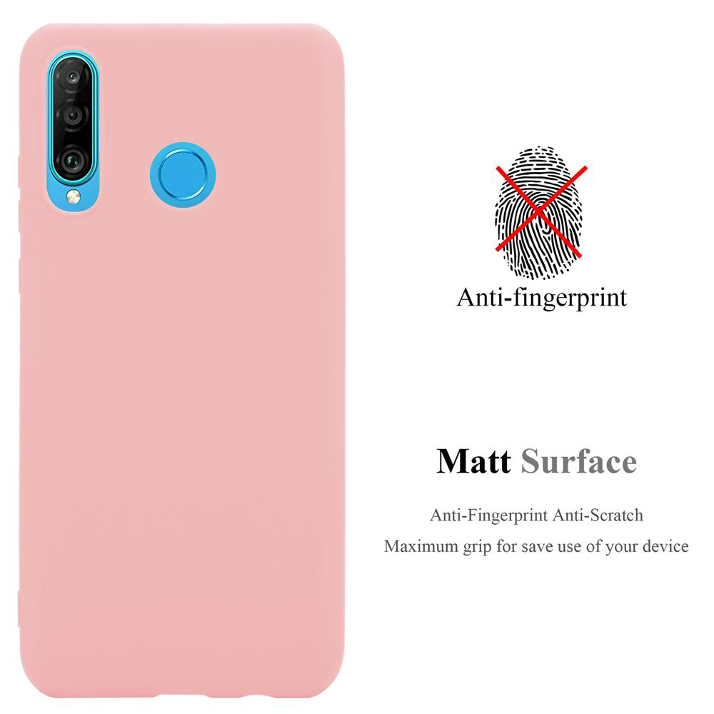 Una custodia rosa per telefono su sfondo bianco, con un simbolo di impronta digitale barrato.