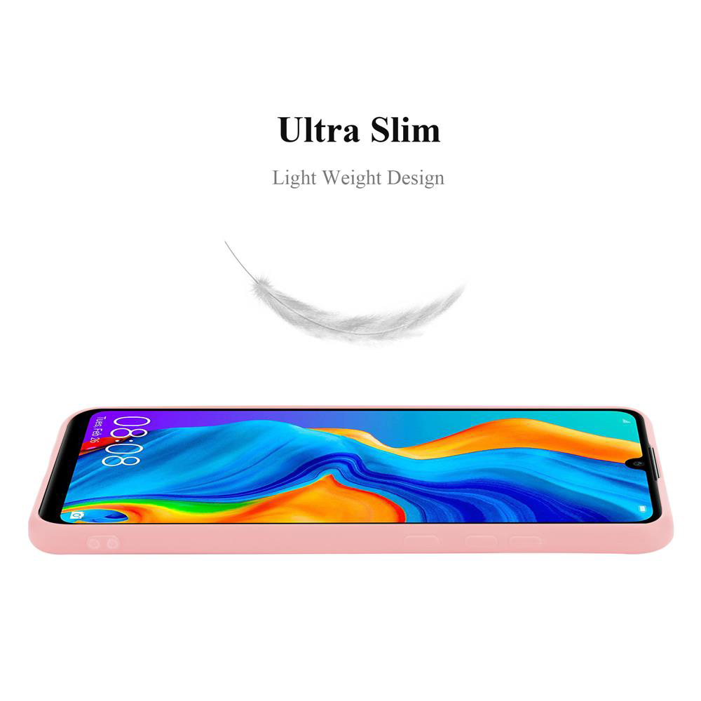 Un telefono rosa in una custodia rosa è mostrato, con una piuma che fluttua sopra. Il testo recita Ultra Slim e Light Weight Design.