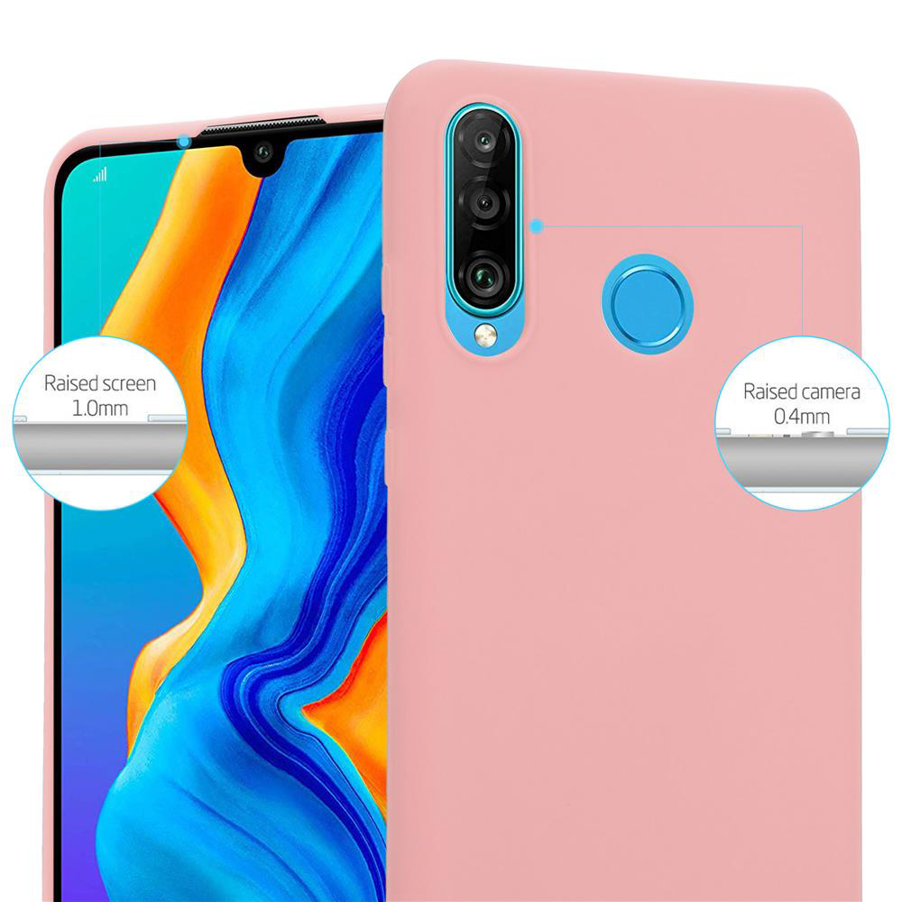 Custodia rosa per telefono, che mostra lo schermo e la fotocamera rialzati.