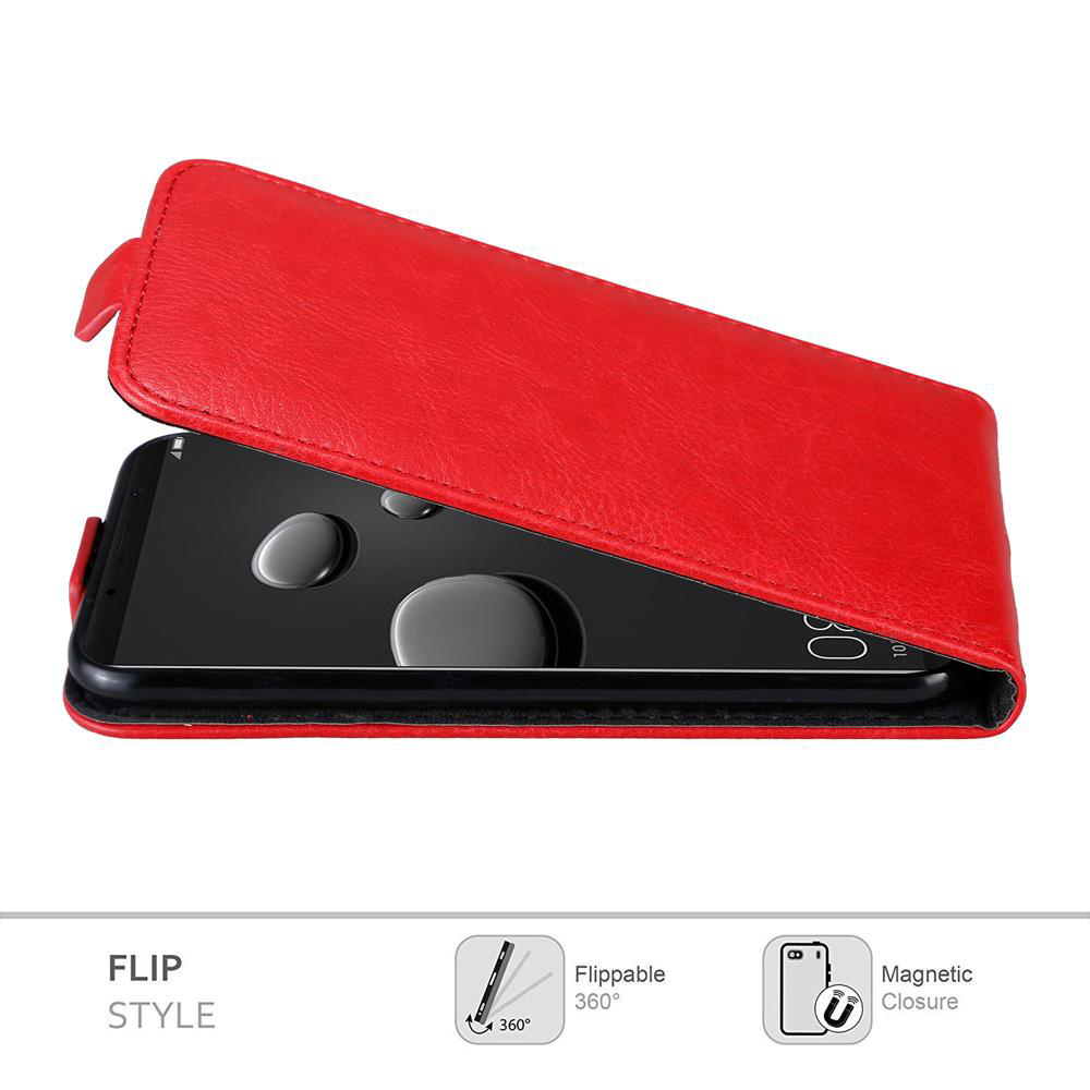 Rote Handyhülle offen, schwarzer Bildschirm sichtbar. Text: 'Flip Style' und Magnetverschluss.