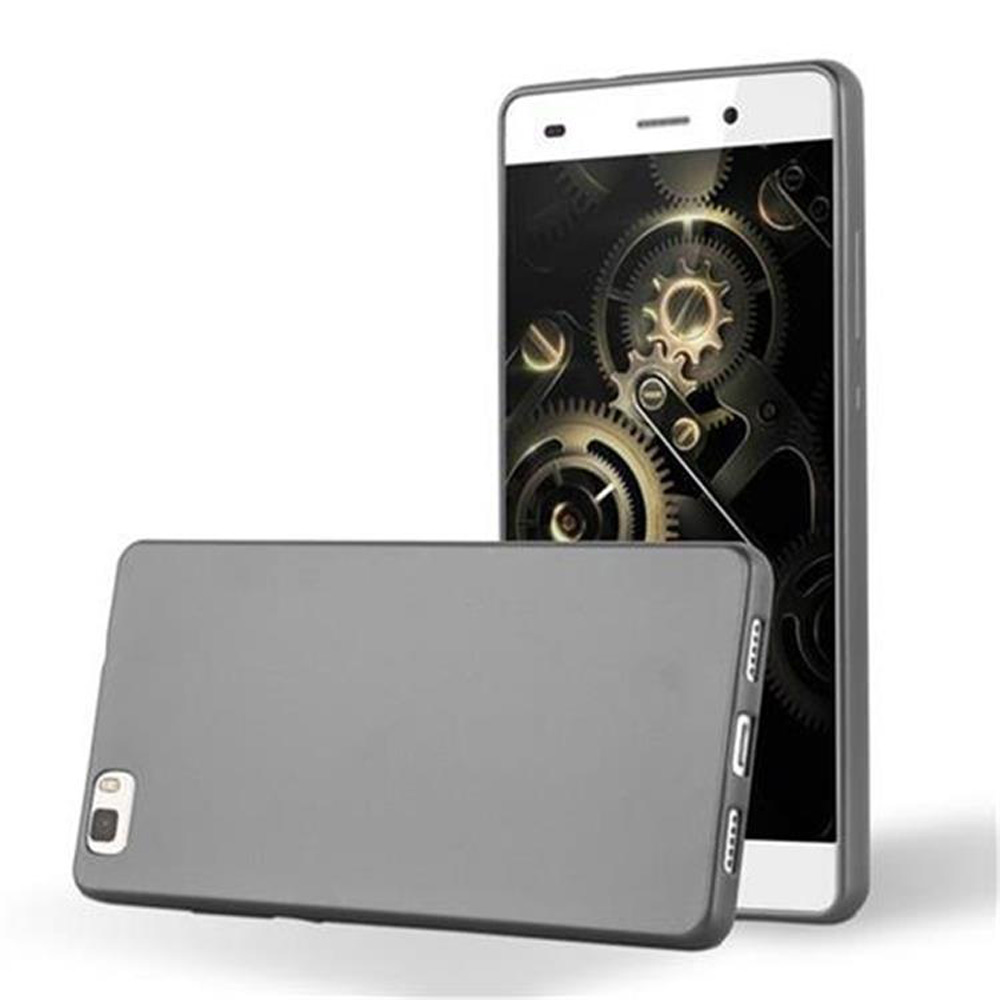 Dos fundas grises para teléfono. Una de pie, la otra tumbada. Fondo blanco.