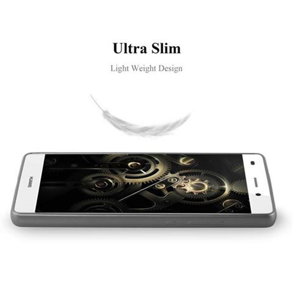 Un teléfono en una funda gris con un gráfico de pluma. Es ultra delgado y ligero.