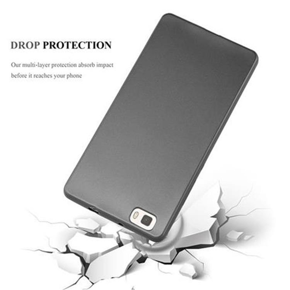 Una funda de teléfono gris sobre piezas blancas rotas. El texto dice: Protección contra caídas. Nuestra protección multicapa absorbe el impacto.