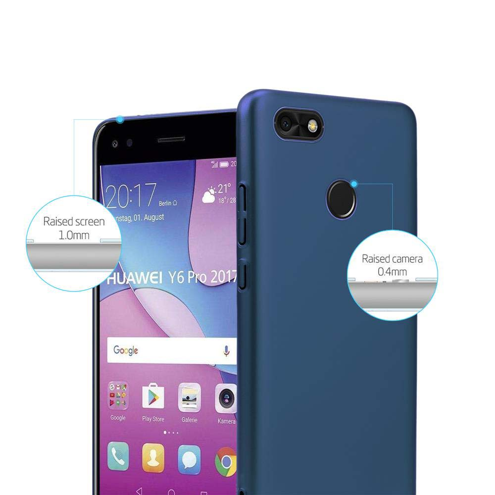 Blaue Handyhülle auf einem Telefon. Das Telefon zeigt einen Bildschirm mit Uhrzeit, erhöhten Bildschirmrand und Kamera.