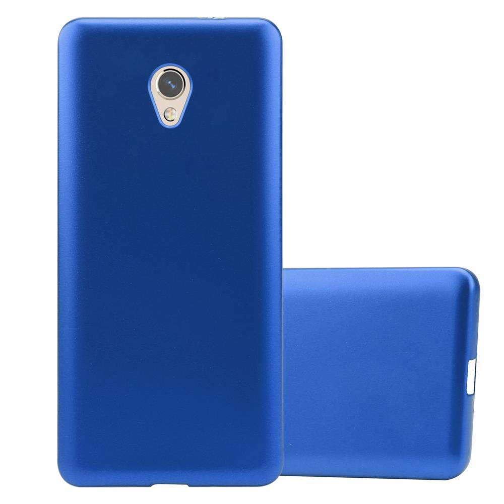Un telefono blu e la sua custodia blu. Il telefono e la custodia sono blu unito. Lo sfondo è bianco.