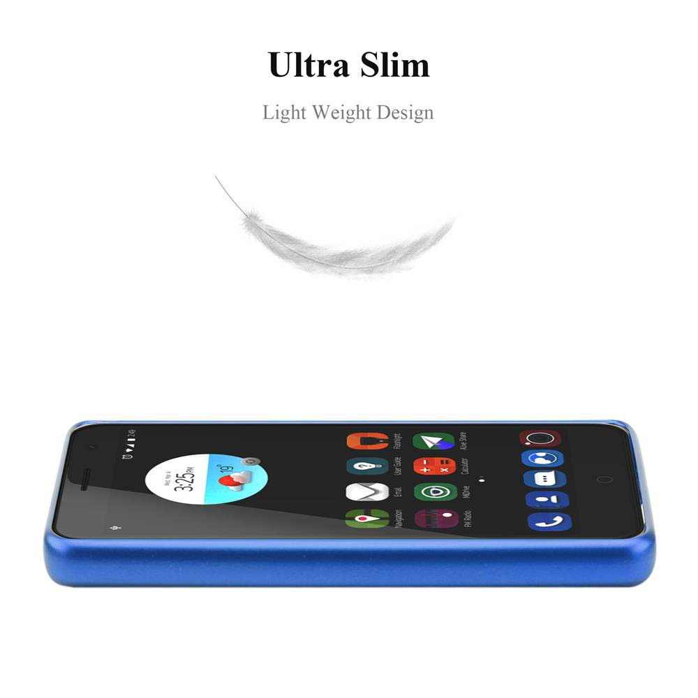 Telefono blu su una superficie bianca, con una piuma sopra. Il telefono mostra icone di app su uno schermo scuro.
