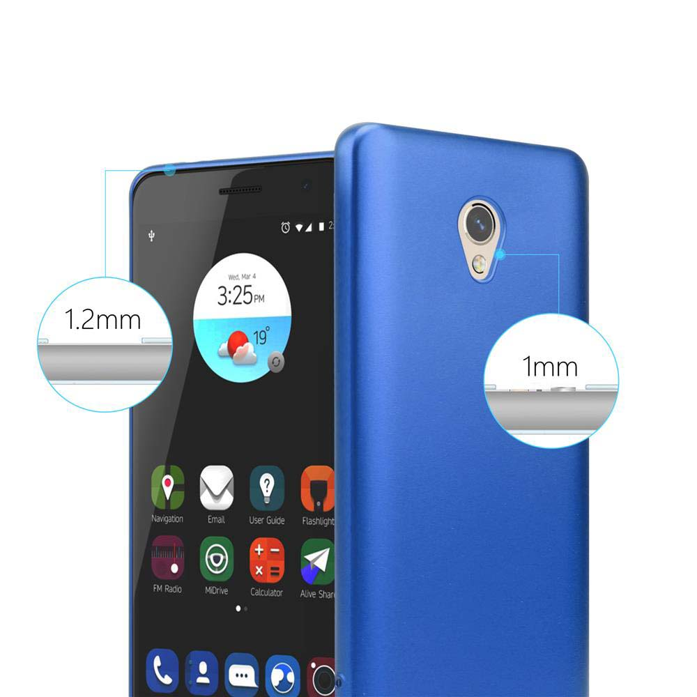 Custodia blu su telefono nero con schermo che mostra le app. Testo: 1,2 mm, 1 mm.