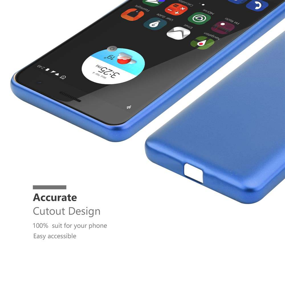 Una custodia per telefono blu accanto a un telefono. Il testo sottostante dice 'Accurate Cutout Design'.