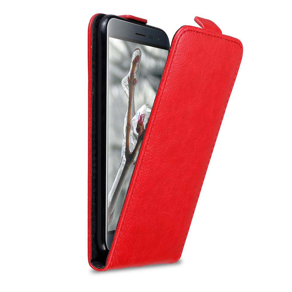 Custodia rossa per telefono con un telefono all'interno. Il telefono mostra un'immagine. La custodia è aperta.