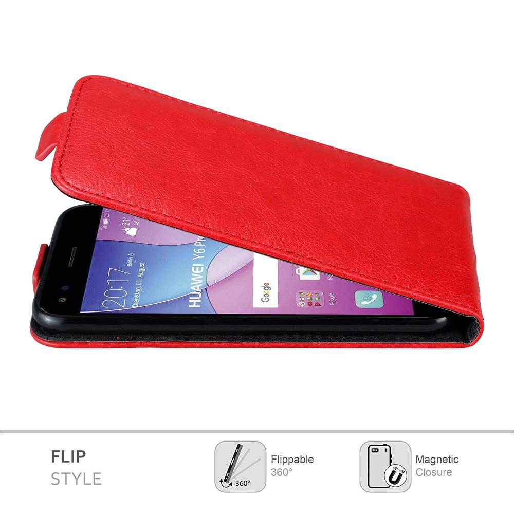 Eine rote Flip-Handyhülle mit einem Telefon darin. Der Bildschirm zeigt die Benutzeroberfläche des Telefons.