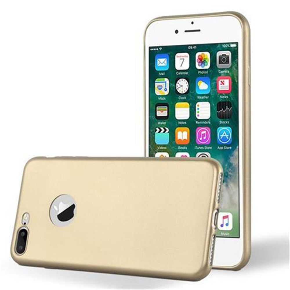 Custodia dorata per telefono con telefono. Il telefono mostra le icone delle app.