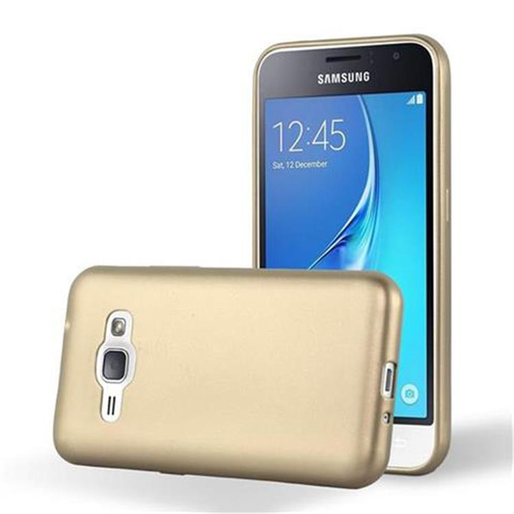 Un teléfono dorado se encuentra junto a una funda dorada. El teléfono muestra la hora y la fecha.