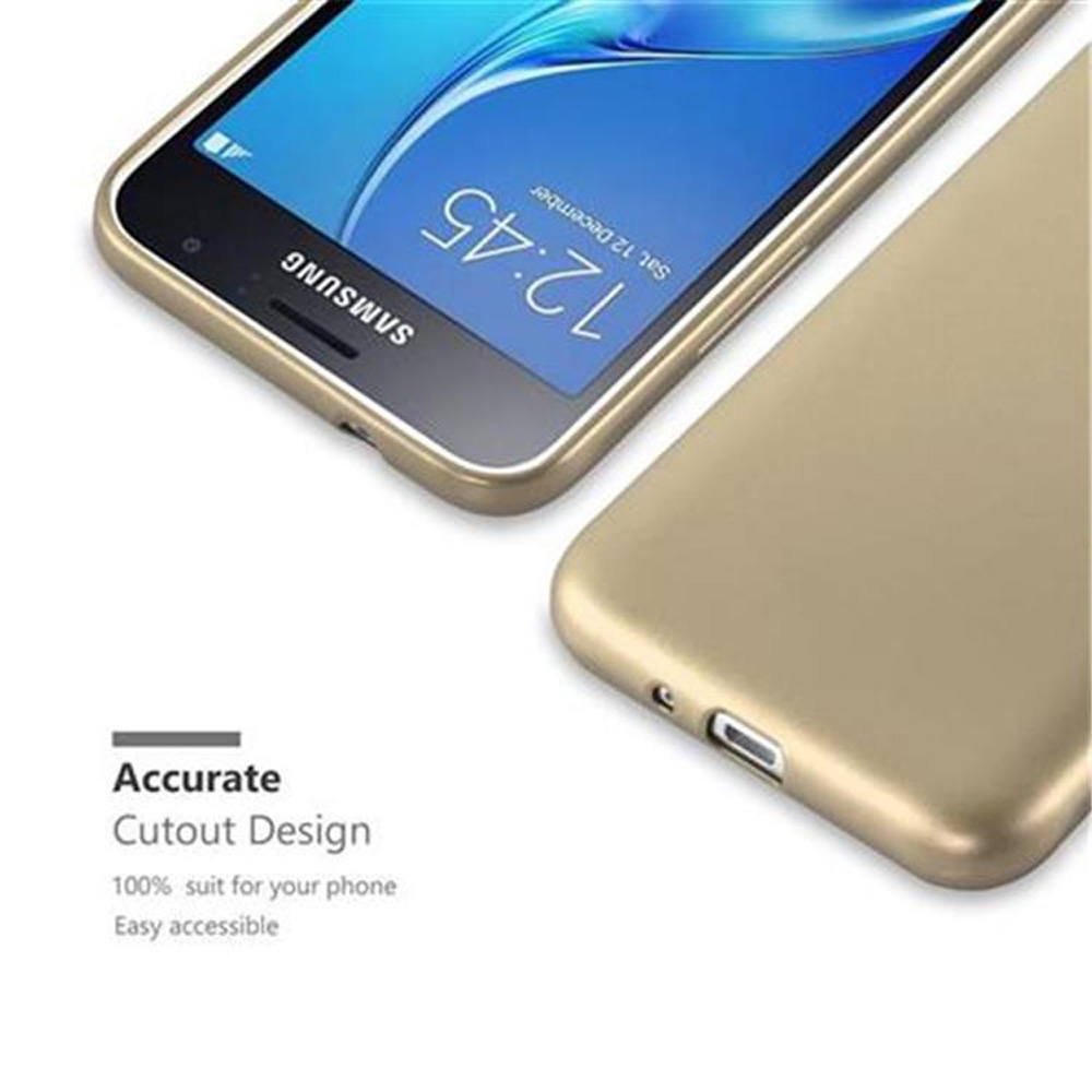 Una funda dorada con el teléfono dentro. El teléfono muestra la hora.