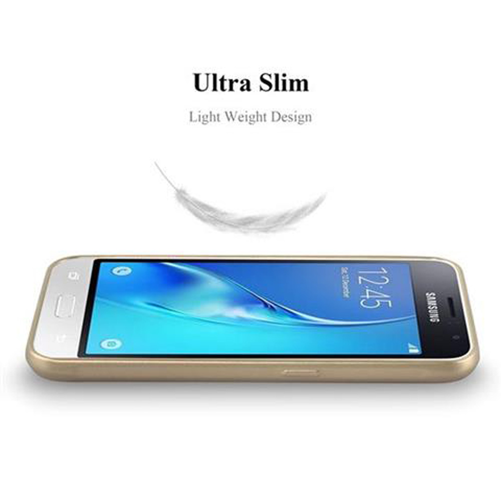 Un teléfono dorado sobre una superficie blanca, con texto que dice 'Ultra Slim Light Weight Design'.