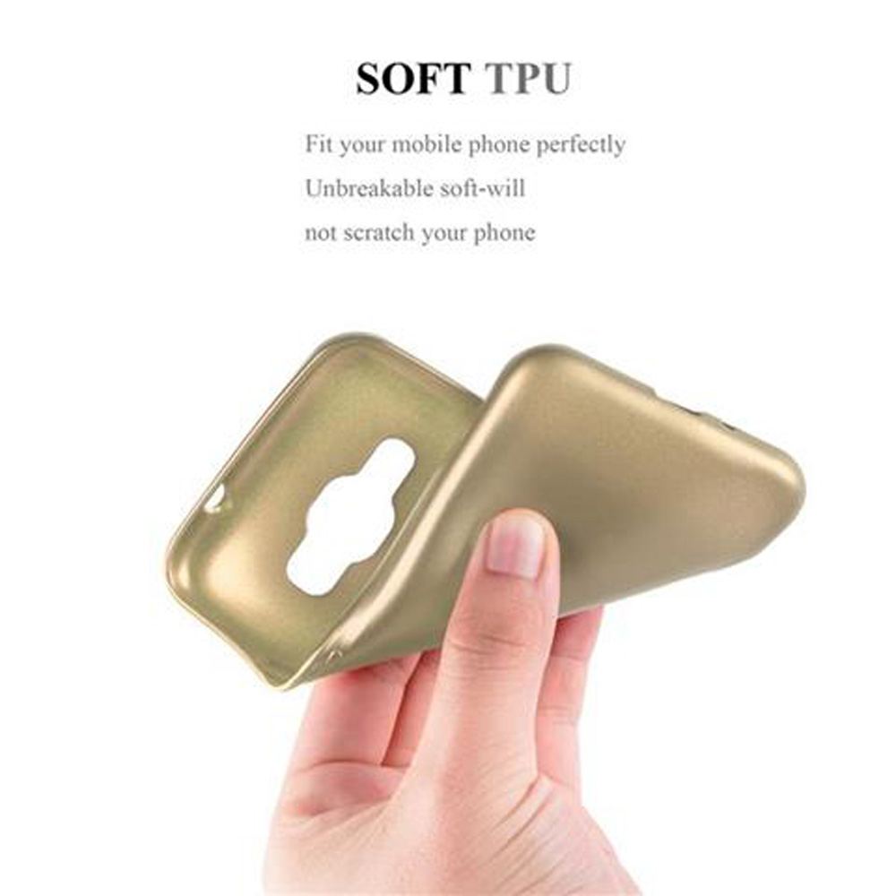 Mano sosteniendo una funda dorada. TPU suave, encaja perfecto, irrompible, no raya el teléfono.