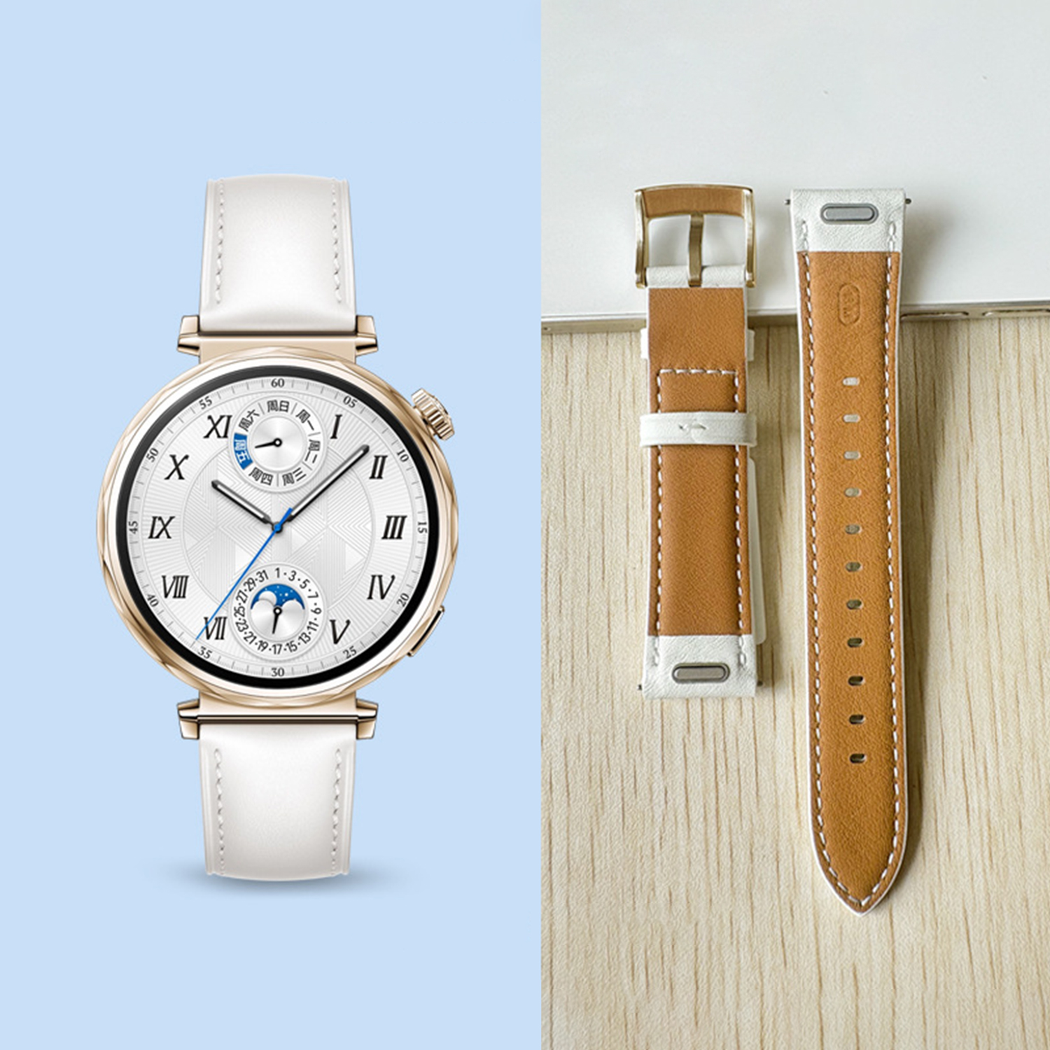 Złoty zegarek z białym paskiem i dwoma dodatkowymi paskami. Zegarek ma okrągłą tarczę z rzymskimi cyframi.