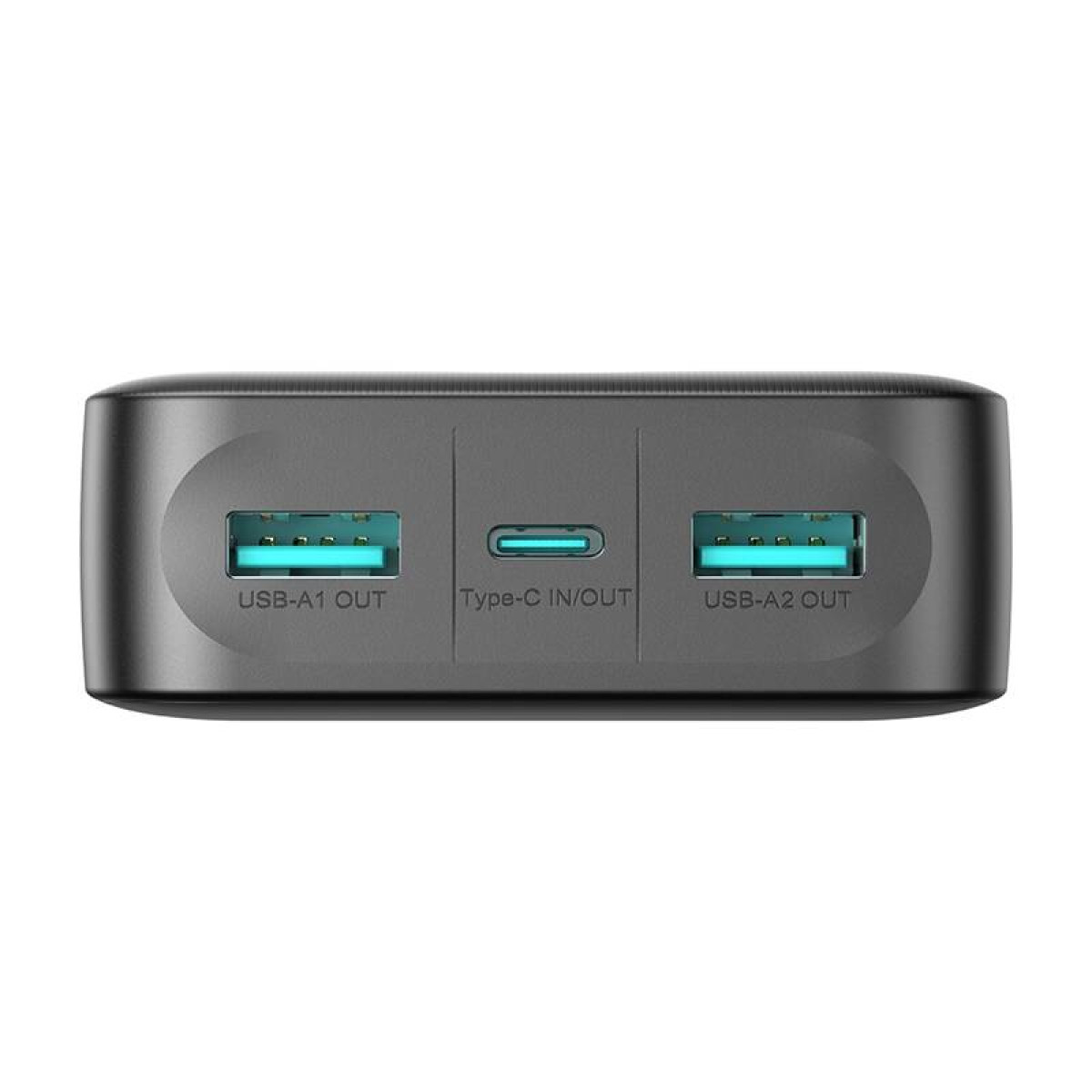 Szary power bank z trzema portami: USB-A1 OUT, Type-C IN/OUT, USB-A2 OUT.