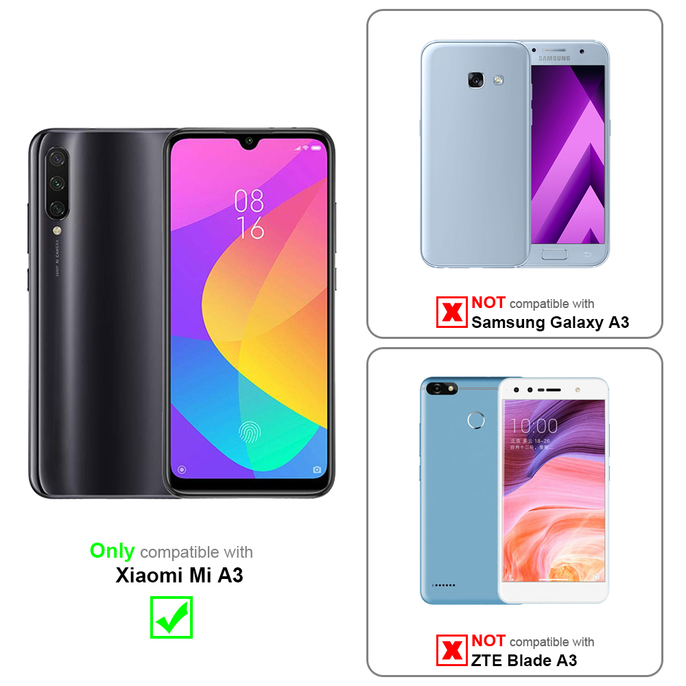 Zwei Telefone und eine Handyhülle mit Kompatibilitätsinformationen. Nur für Xiaomi Mi A3.