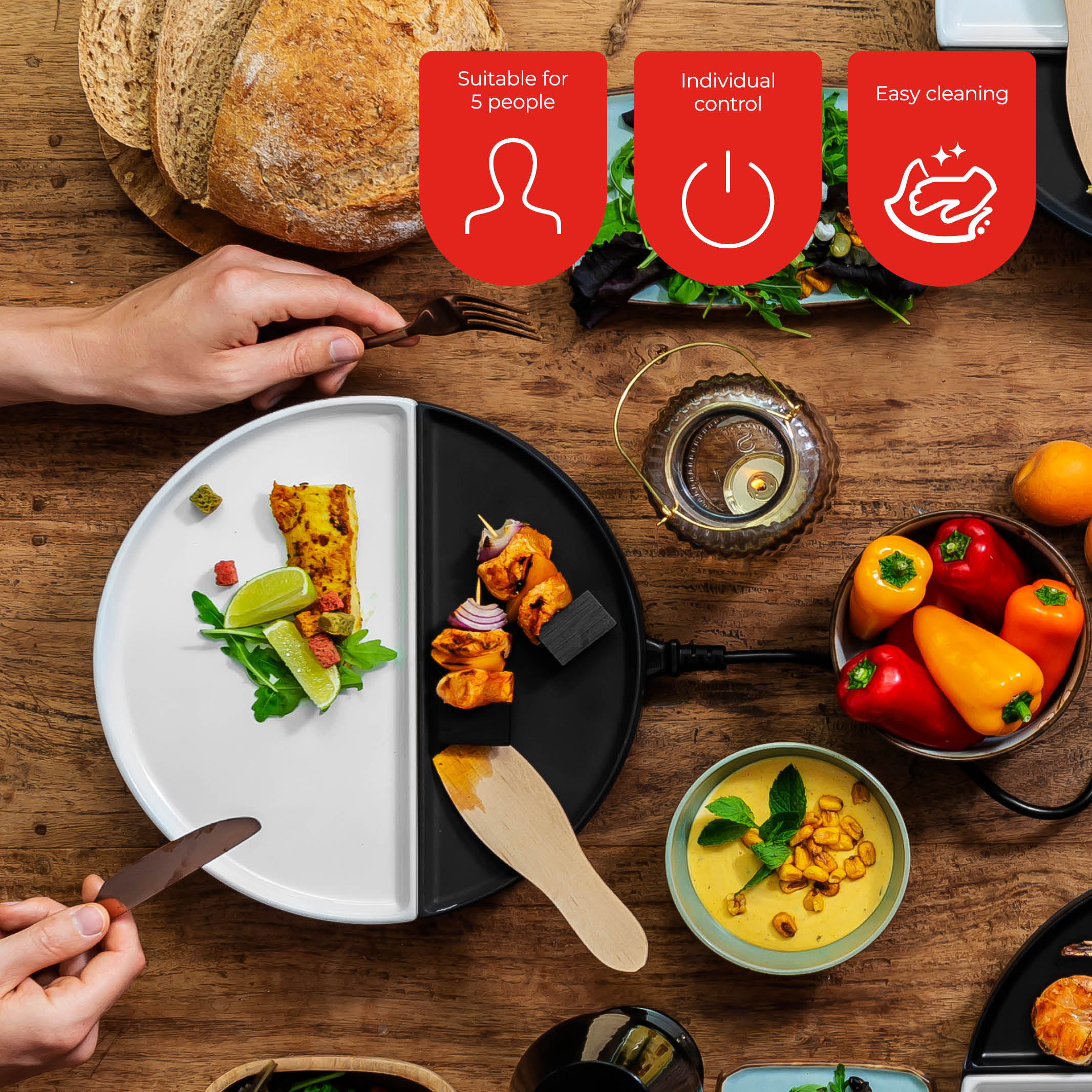 A table setting with plates of food, utensils, and icons for serving, control, and cleaning.