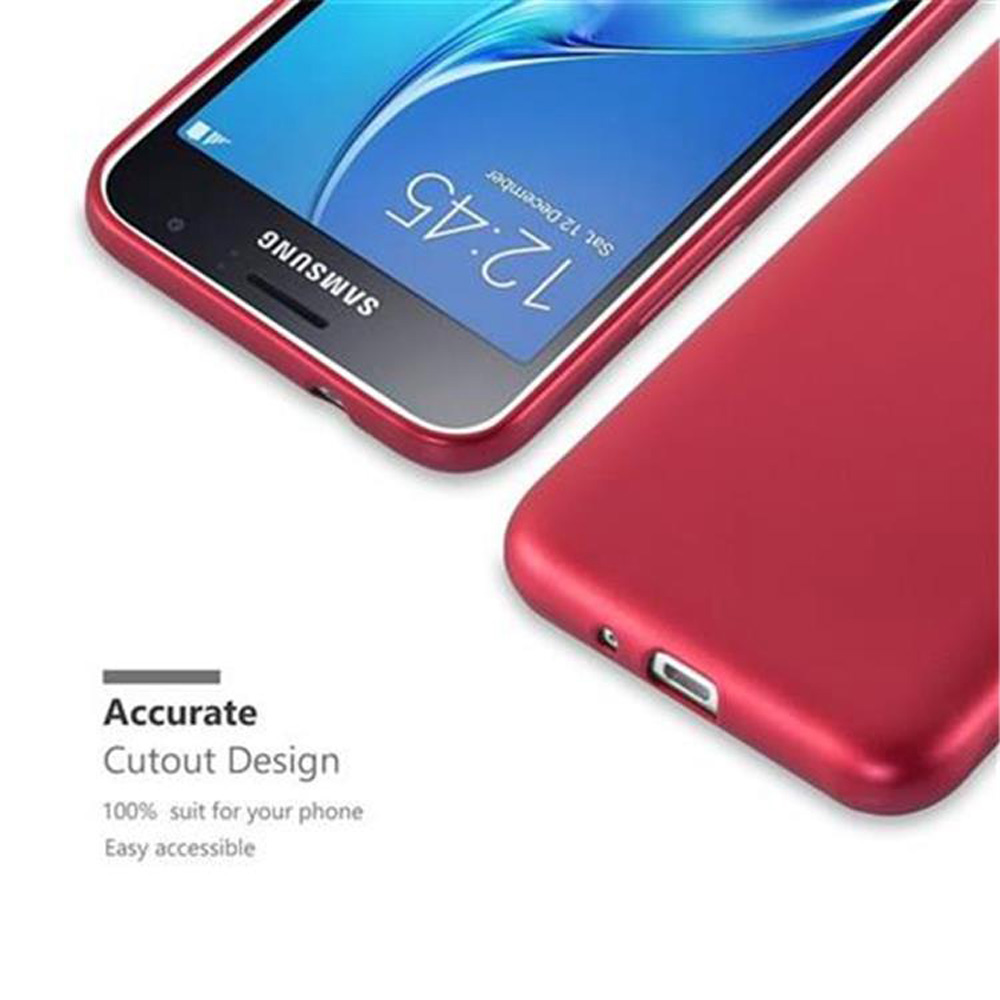Un teléfono Samsung con una funda roja, que muestra el diseño y los recortes de la funda.