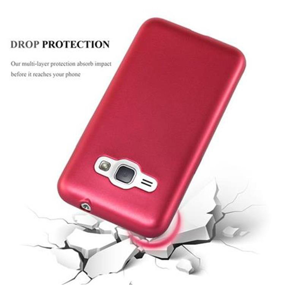 Funda roja para teléfono sobre hormigón roto. La protección contra caídas es el foco.