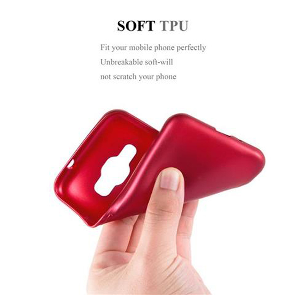 Una mano sostiene una funda roja para teléfono. El interior de la funda está abierto.
