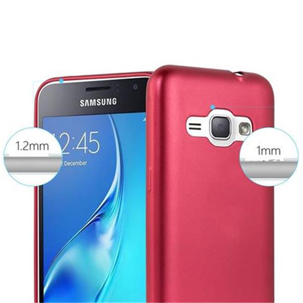 Una funda roja para teléfono con un teléfono dentro, primer plano del borde de la funda y el teléfono.