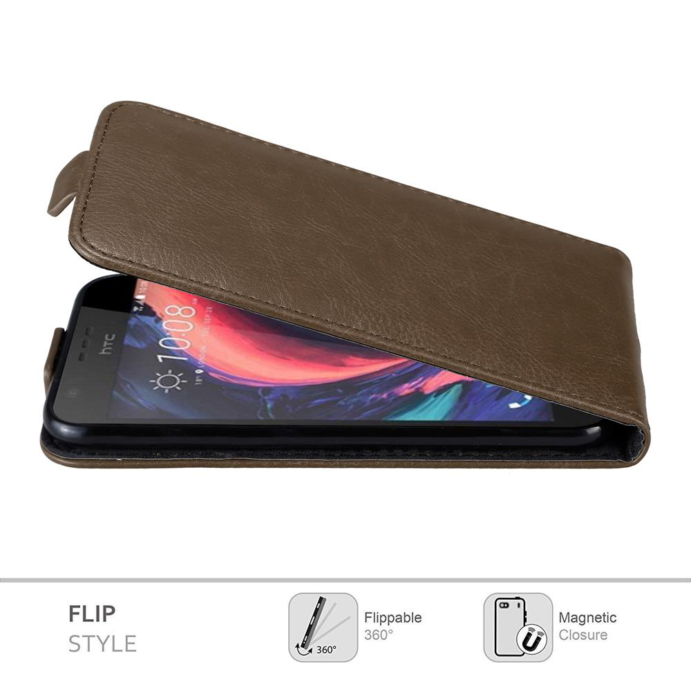 Custodia a libro in pelle marrone con un telefono all'interno. La custodia è aperta, lo schermo del telefono è visibile.