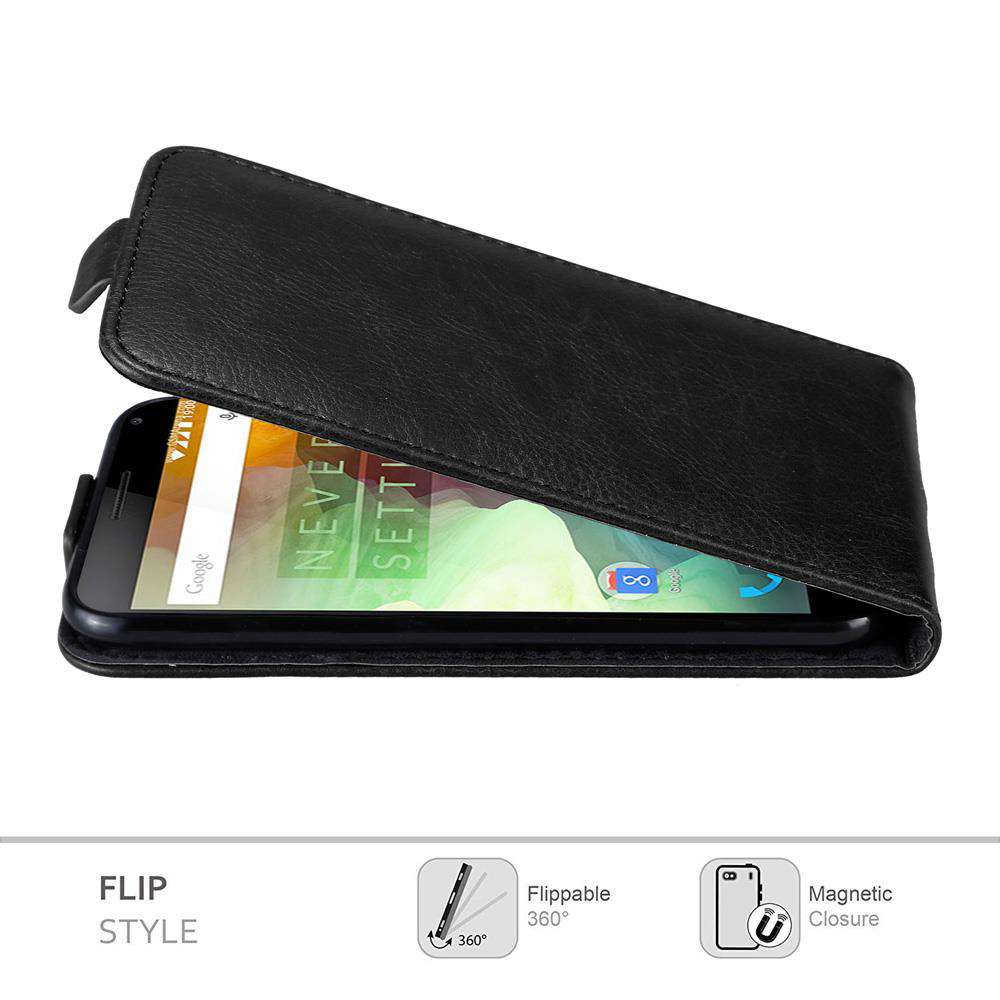 Custodia nera aperta, che rivela uno schermo del telefono. Il testo dice 'Flip Style', chiusura magnetica.