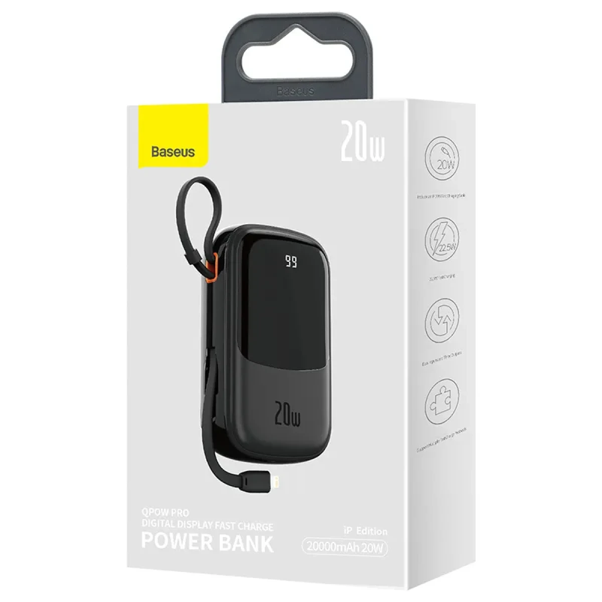 Weiße Box mit schwarzer Powerbank, beschriftet mit '20W'. Mit Ladekabel und Griff.