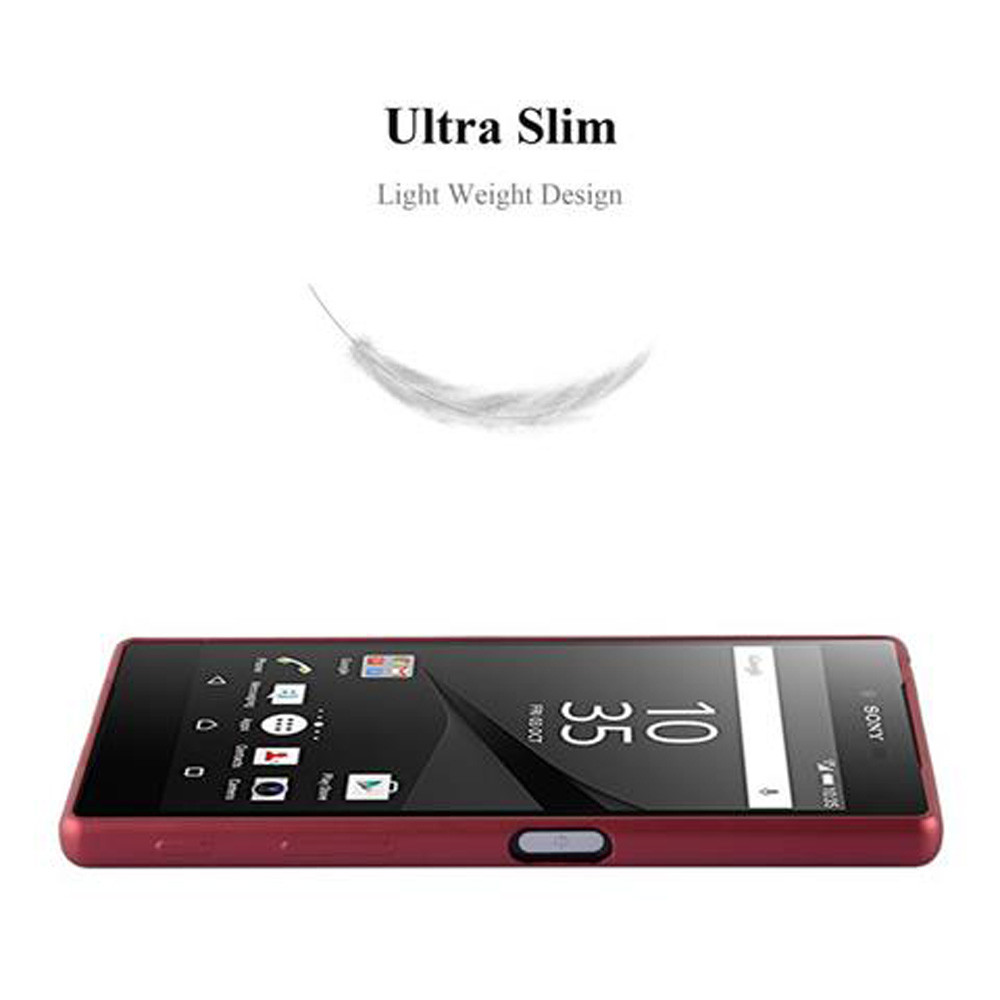 Ein rotes Telefon in einer roten Hülle, mit den Worten 'Ultra Slim' und einer Feder.
