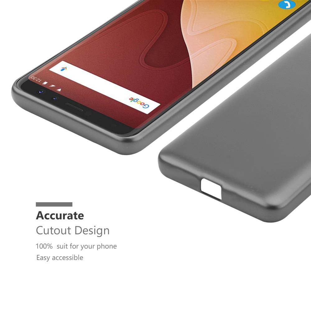 Primo piano di un telefono in una custodia grigia. Il testo evidenzia il design preciso del ritaglio su sfondo bianco.