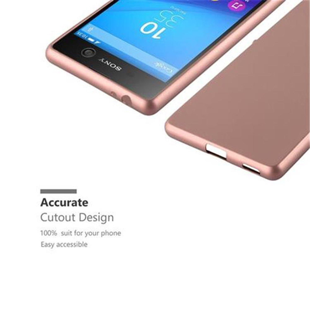 Custodia oro rosa con telefono, sfondo bianco. Design preciso.