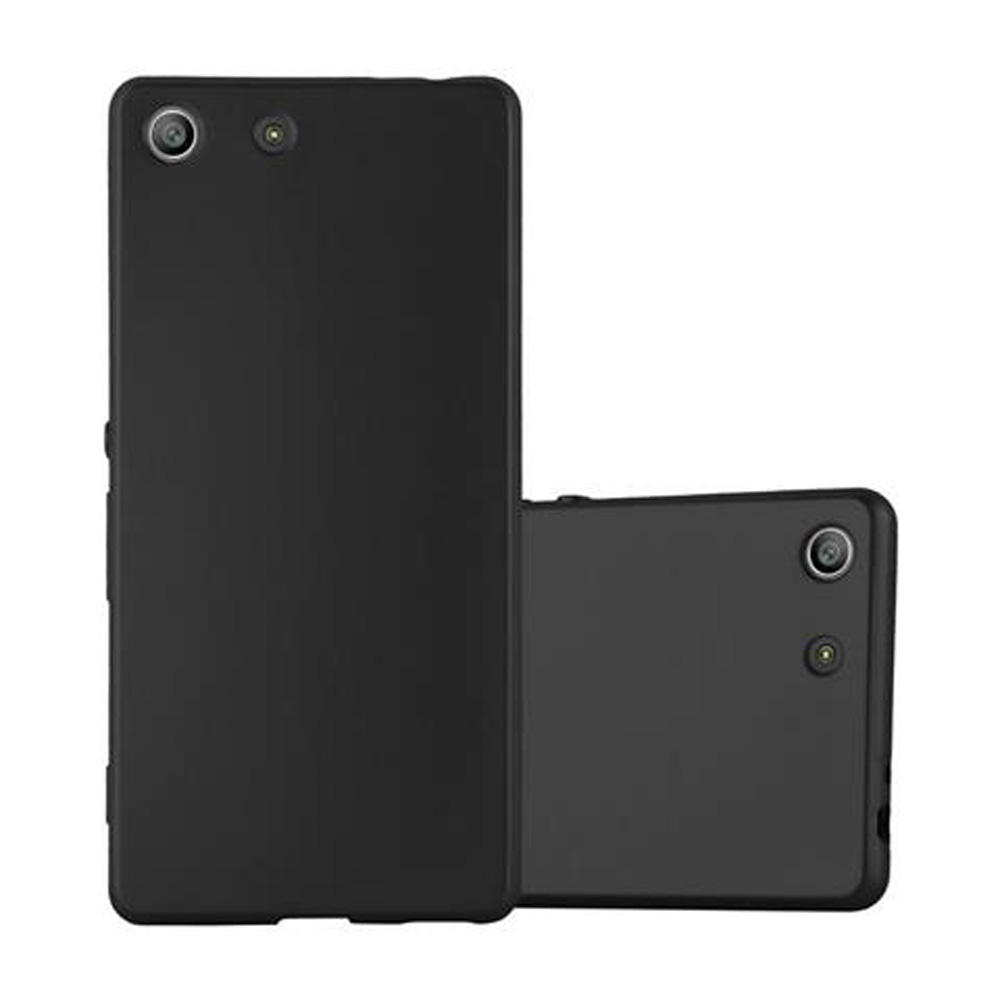 Custodia nera per telefono, due pezzi. Una copre il retro, l'altra separata. Sfondo bianco.