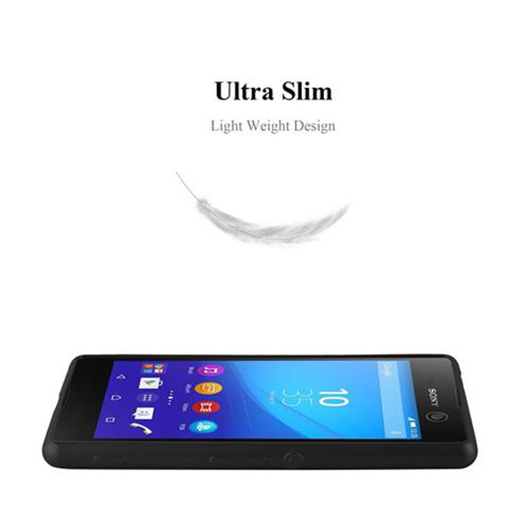 Un telefono nero in una custodia. L'immagine mostra lo schermo del telefono e il design ultra sottile.